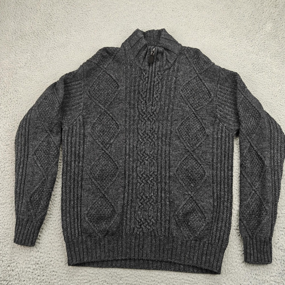 Jos A Bank Sweater Mens XL Gray 1/4 Zip Mock Neck Lambs Wool Cable Knit Pullover